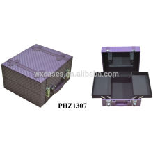 alta calidad púrpura PVC belleza maletín con un espejo y bandeja interior